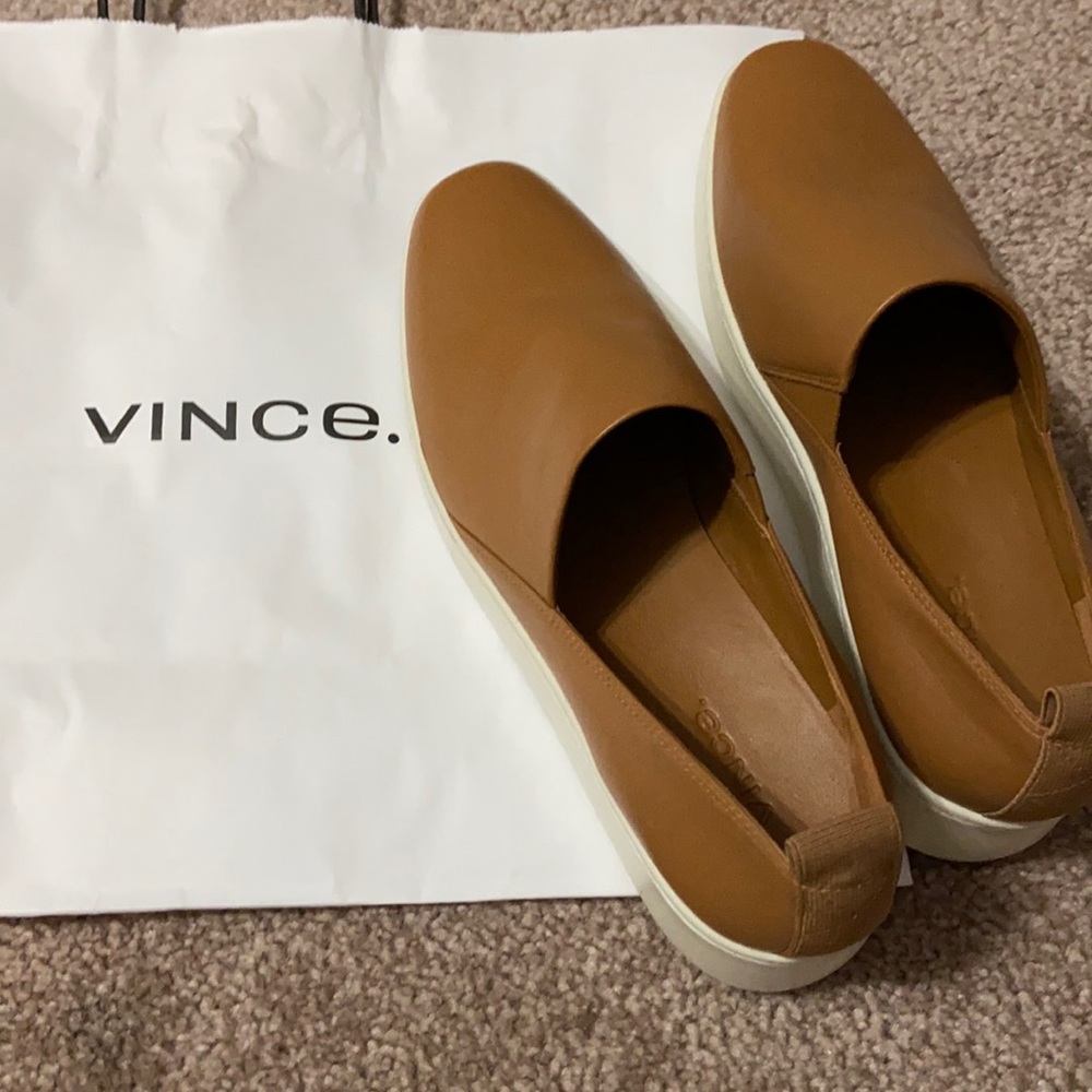 Vince camel leather slip ons